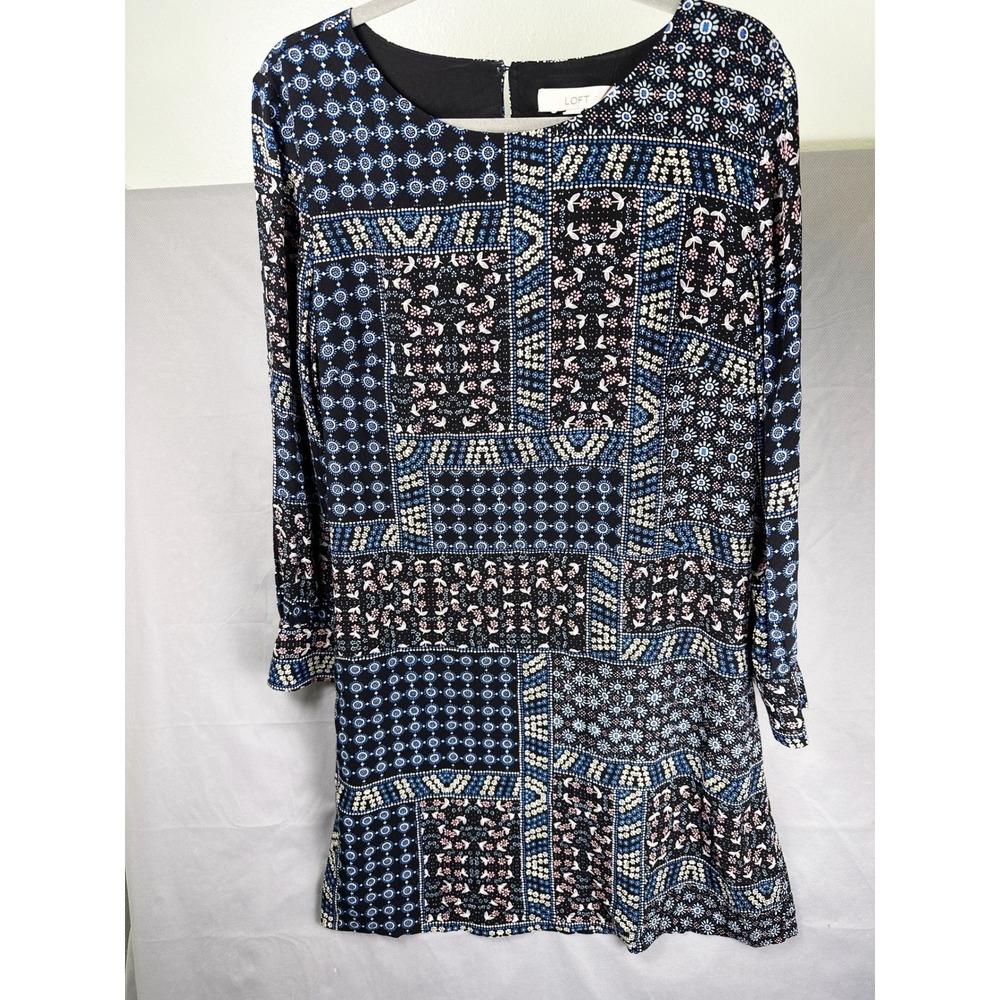 LOFT Patchwork Print Long Sleeve Shift Dress Black Blue Yellow Women's Size 14 - Picture 3 of 8